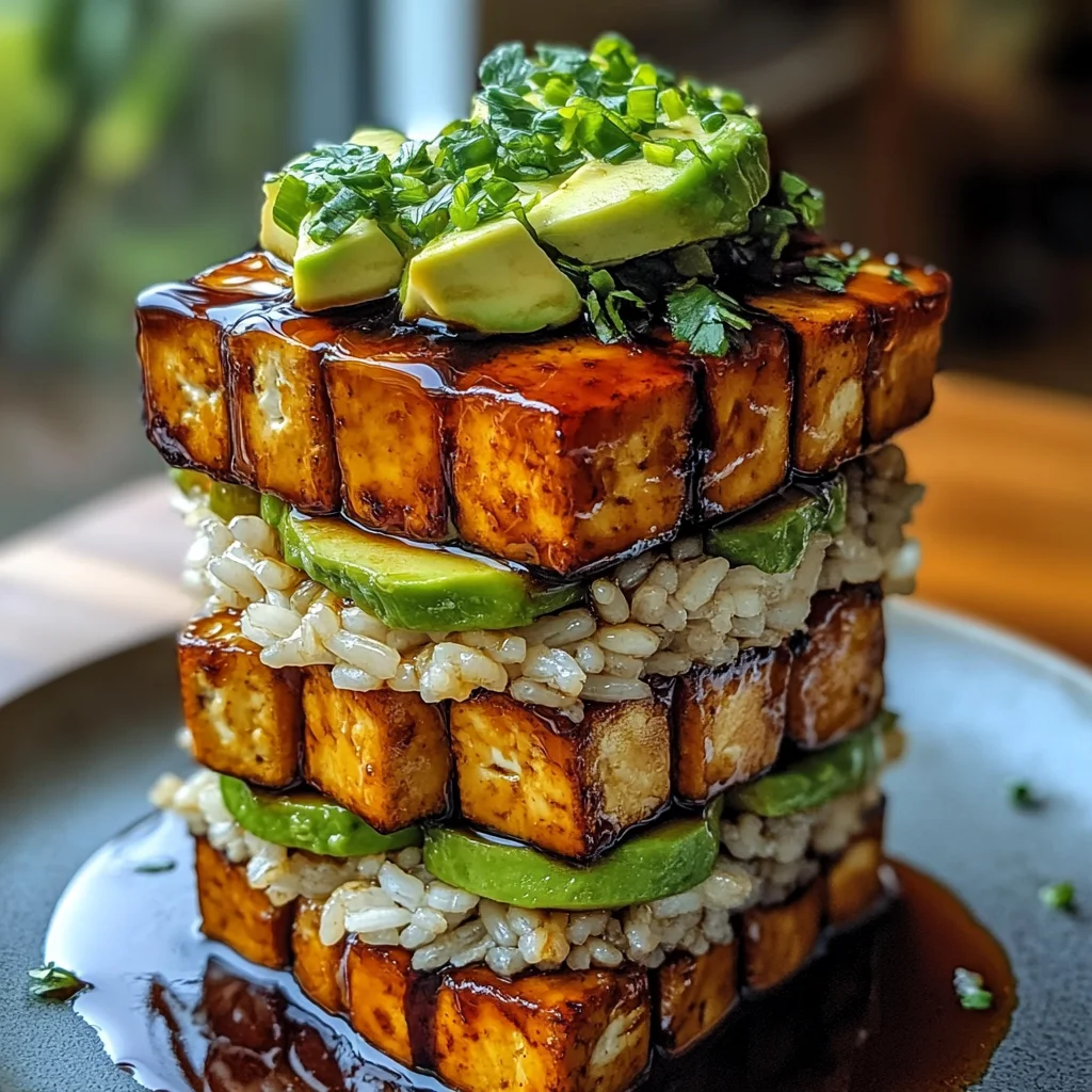 Crispy Teriyaki Tofu and Avocado Rice Stack