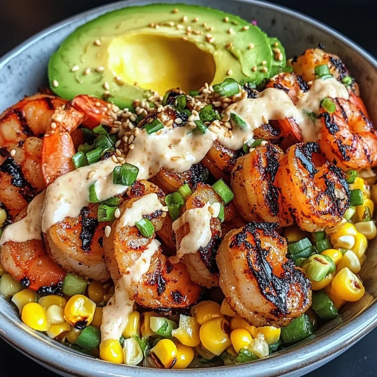 Grilled Shrimp Bowl with Avocado, Corn Salsa & Creamy Garlic Sauce