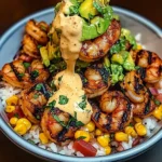 Grilled Shrimp Bowl with Avocado, Corn Salsa & Creamy Sauce