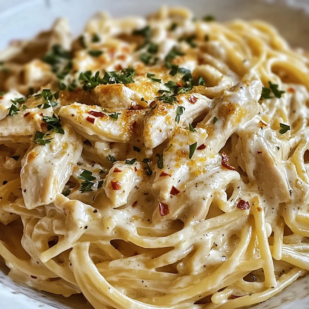 Creamy Crockpot Garlic Parmesan Chicken Pasta