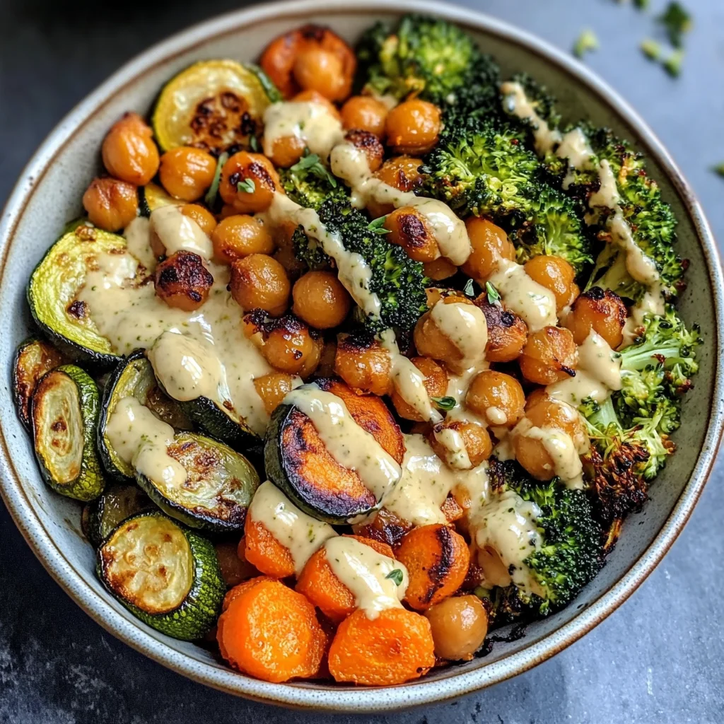 Roasted Veggie Chickpea Bowls with Maple Dijon Tahini Dressing