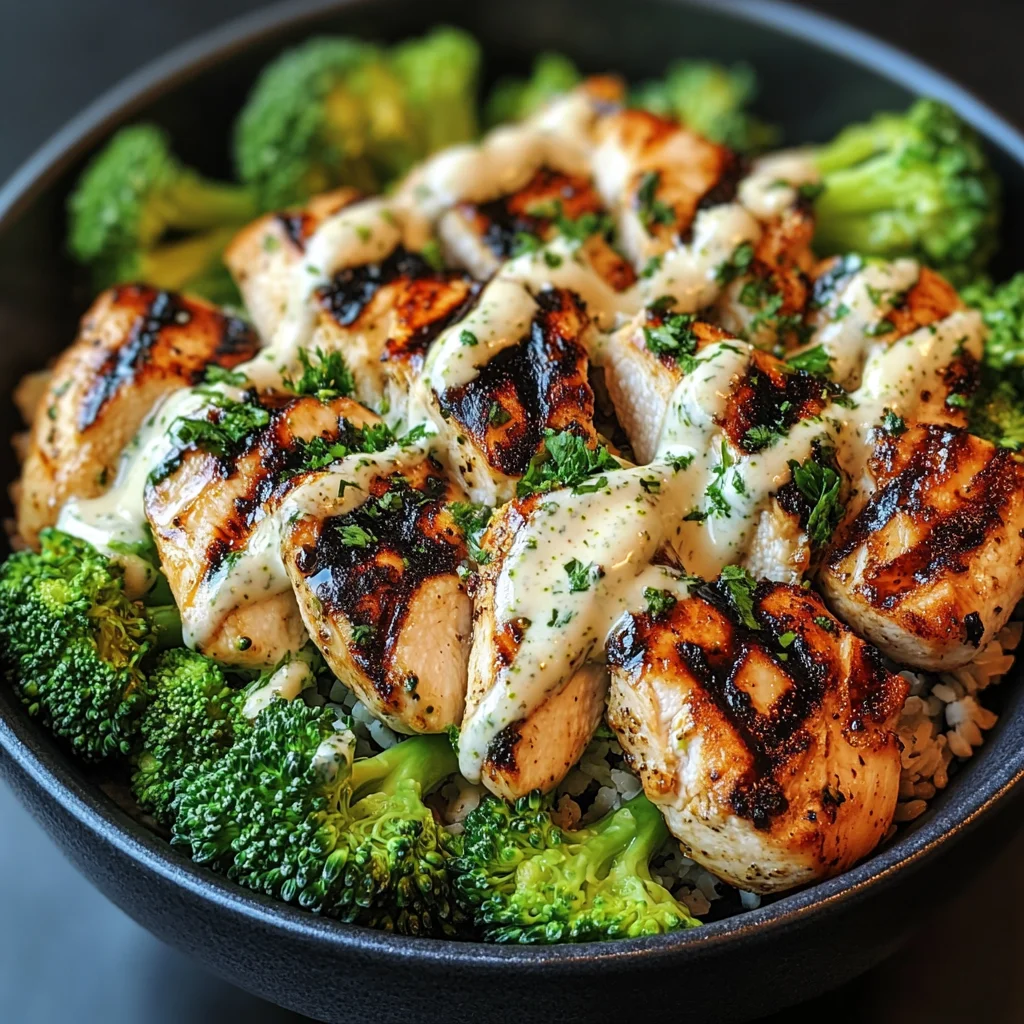 Grilled Chicken & Broccoli Bowls with Creamy Garlic Sauce
